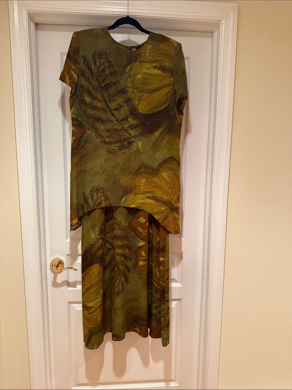 Positive Attitude Olive Green and Mustard Leaf Print Two-Piece Dress Set